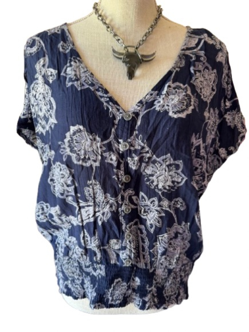 Maurices Navy Floral Button-Down V-Neck Top